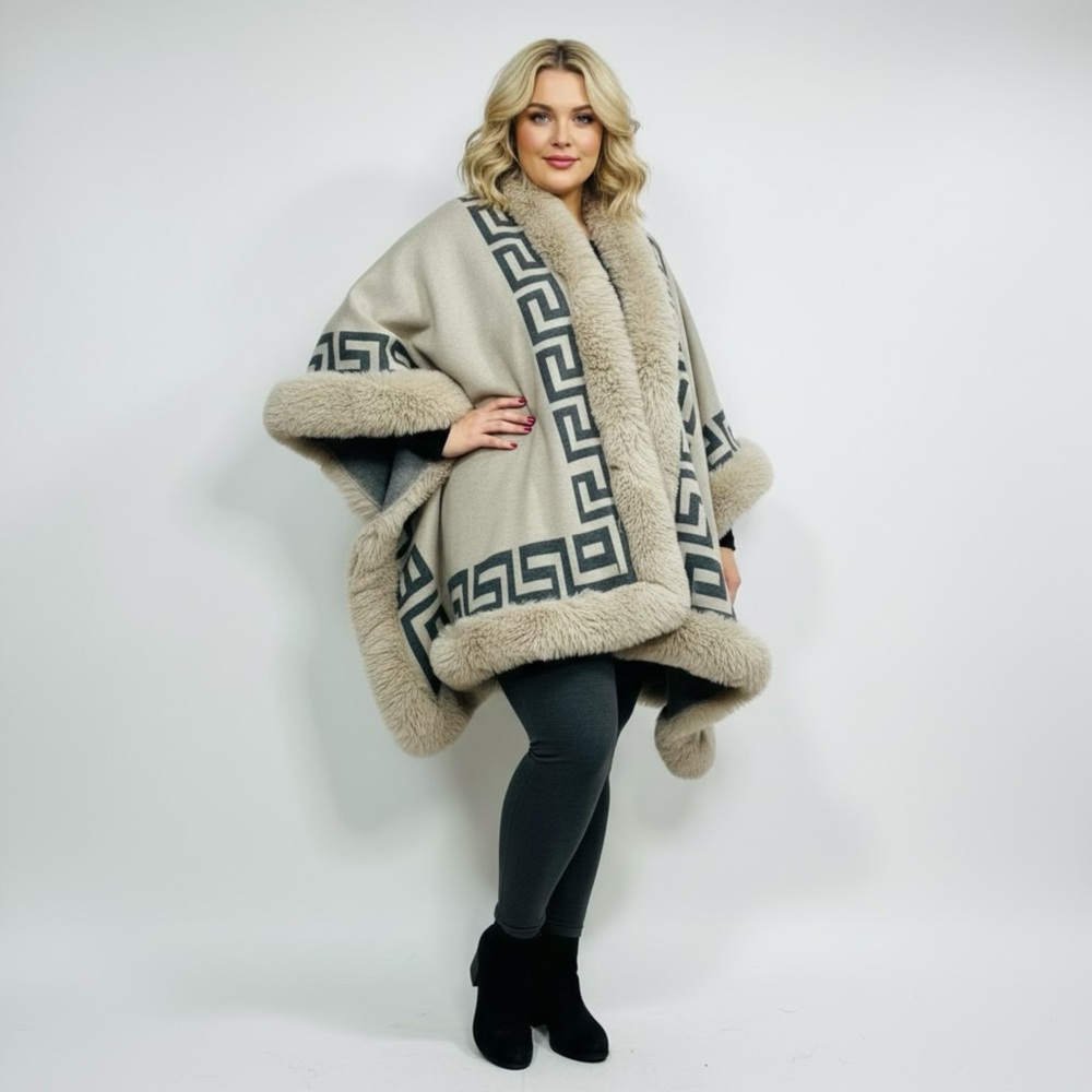Faux Fur Trimmed Cream Women's Sweater Cape Greek Key‎ Patterned Poncho One Size